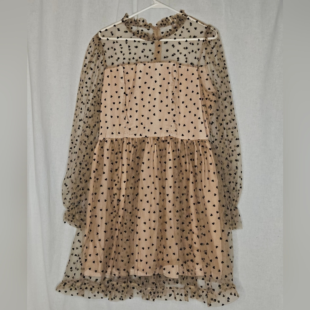 Shein Cream Lolita Babydoll Dress Black Velvet Heart Print Mesh Overlay Sz XL